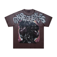 Consequences Higher Justice Burgundy‑Washed Double‑Sided Graphic Print Crew‑Neck Streetwear T‑Shirt