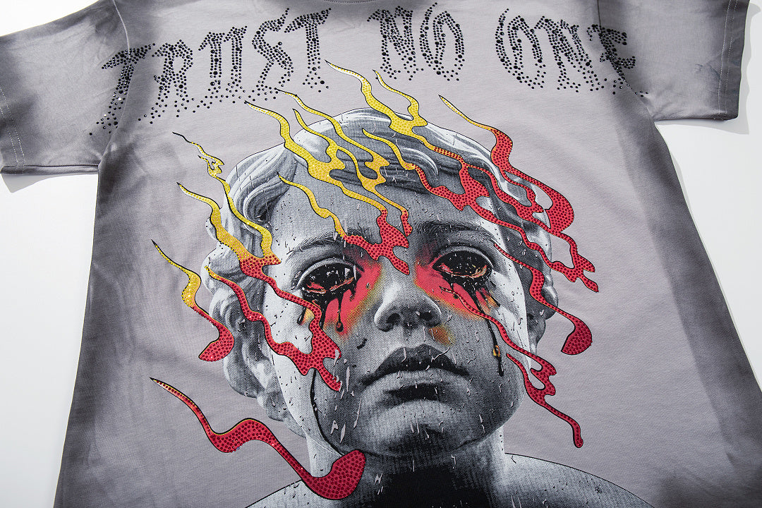 Trust No One Dark‑Age 2.0 Grey Washed Double‑Sided Graphic Print Crew‑Neck Streetwear T‑Shirt