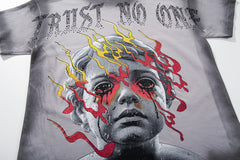 Trust No One Dark‑Age 2.0 Grey Washed Double‑Sided Graphic Print Crew‑Neck Streetwear T‑Shirt
