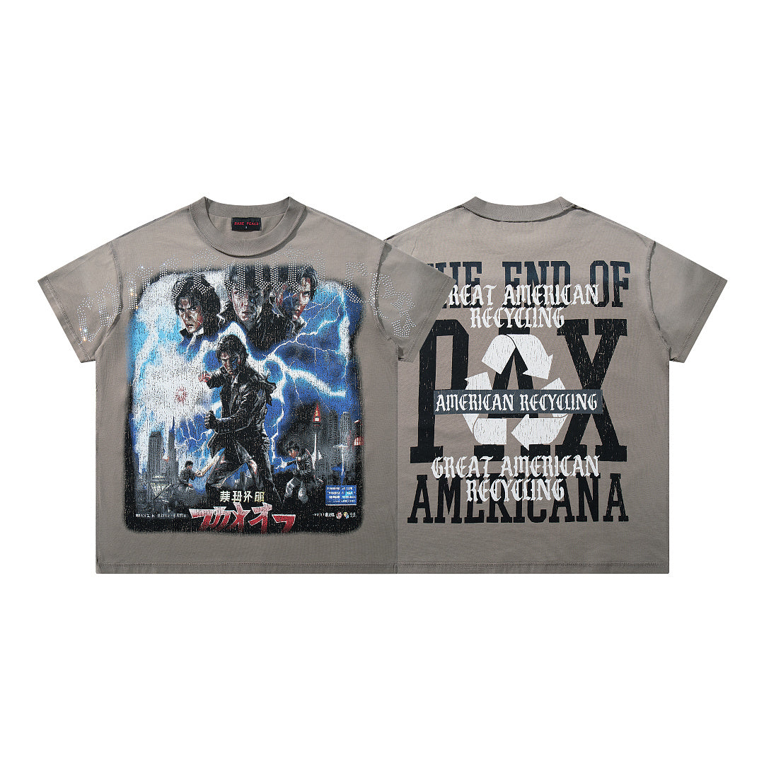 The End Of Pax Americana Taupe‑Washed Double‑Sided Graphic Print Crew‑Neck Streetwear T‑Shirt