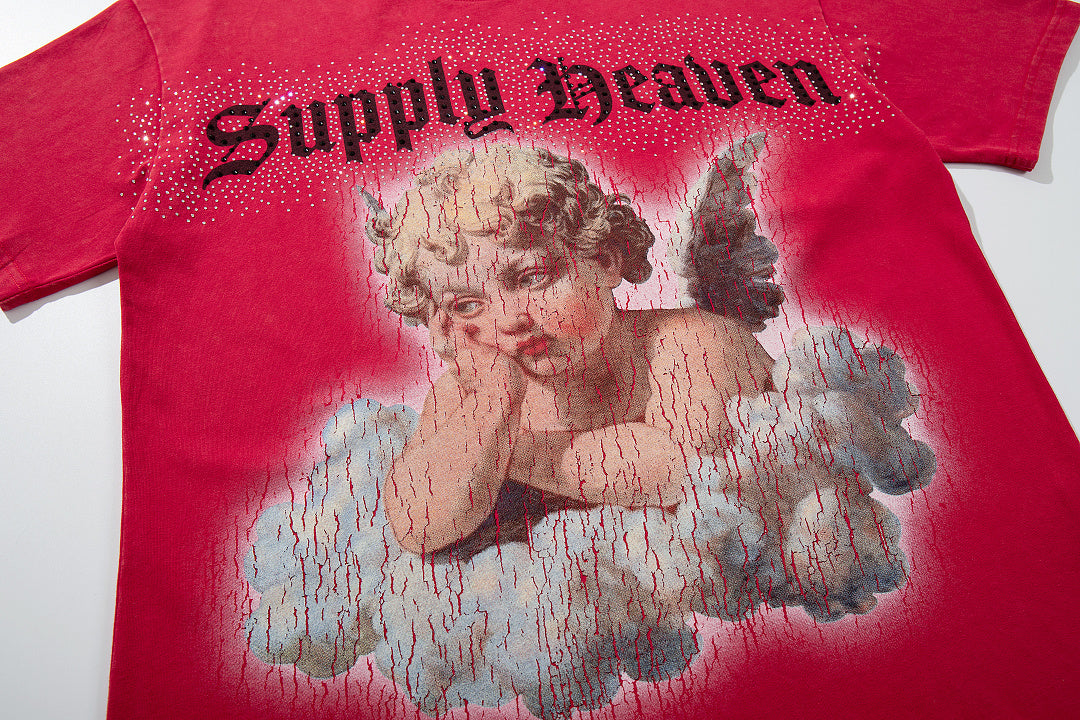 Vintage Cloud Cherub Red Vintage‑Washed Double‑Sided Graphic Print Crew‑Neck Streetwear T‑Shirt