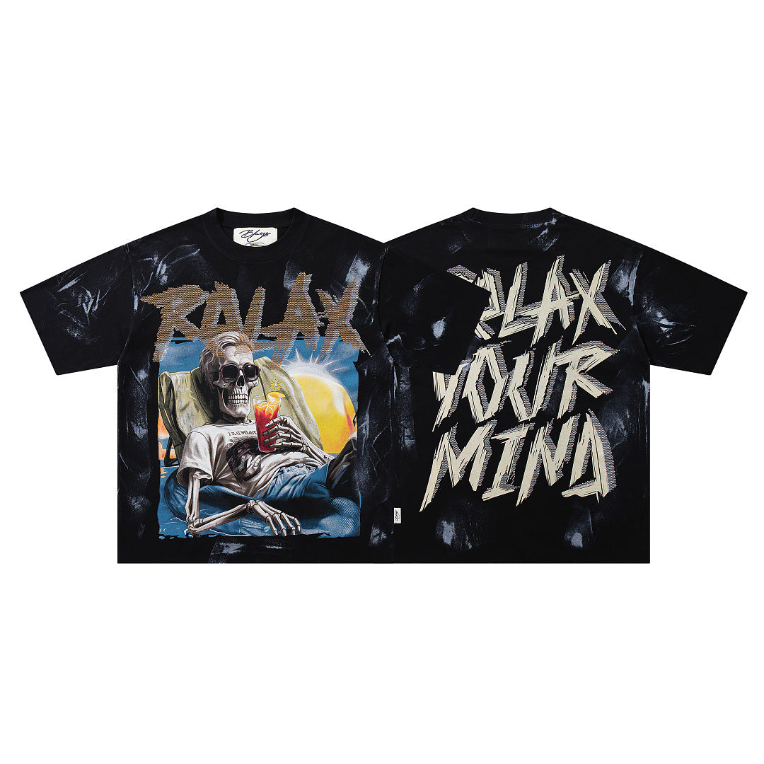 Relax Your Mind Skeleton Black Tie‑Dye Double‑Sided Graphic Print Crew Neck Streetwear T‑Shirt