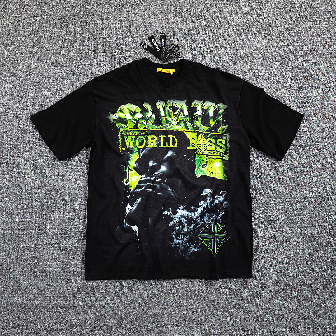 HVM Harmony Neon Green Abstract Figure Black Double‑Sided Graphic Print Crew Neck Streetwear T‑Shirt
