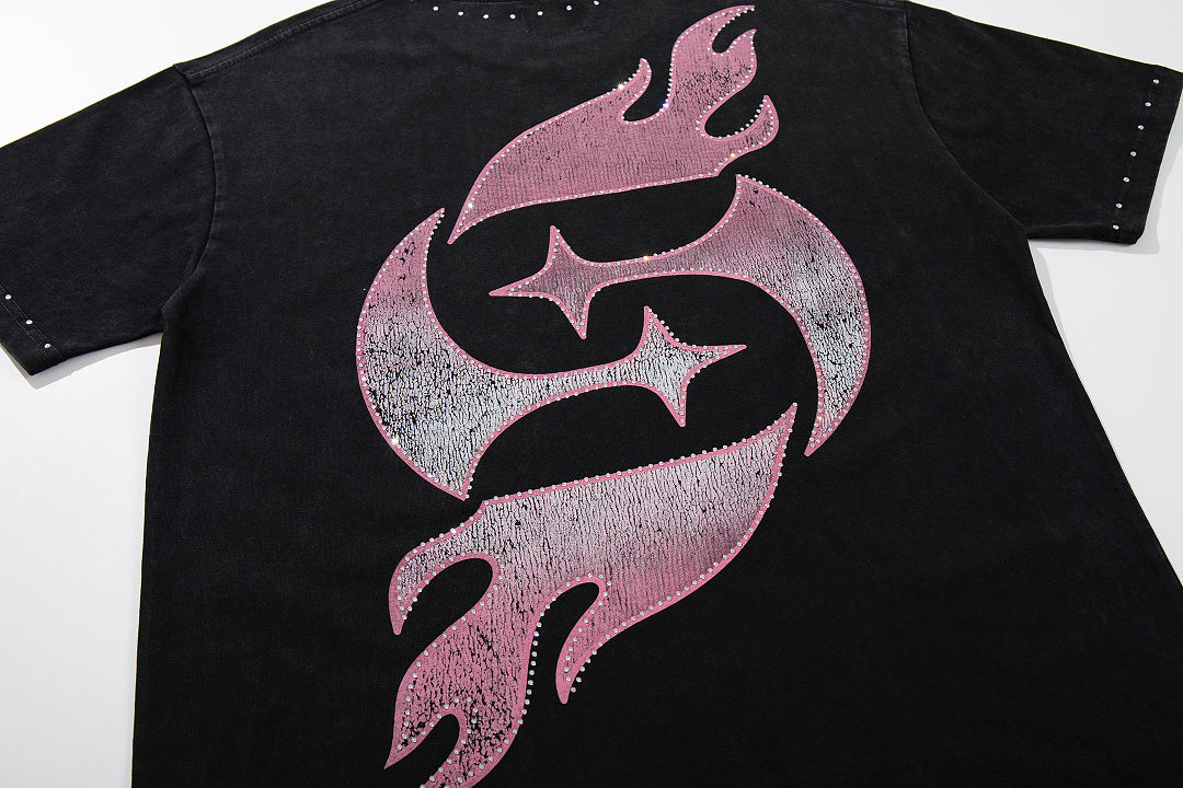 Rebel Skull Black Vintage‑Washed Double‑Sided Graphic Print Crew‑Neck Streetwear T‑Shirt
