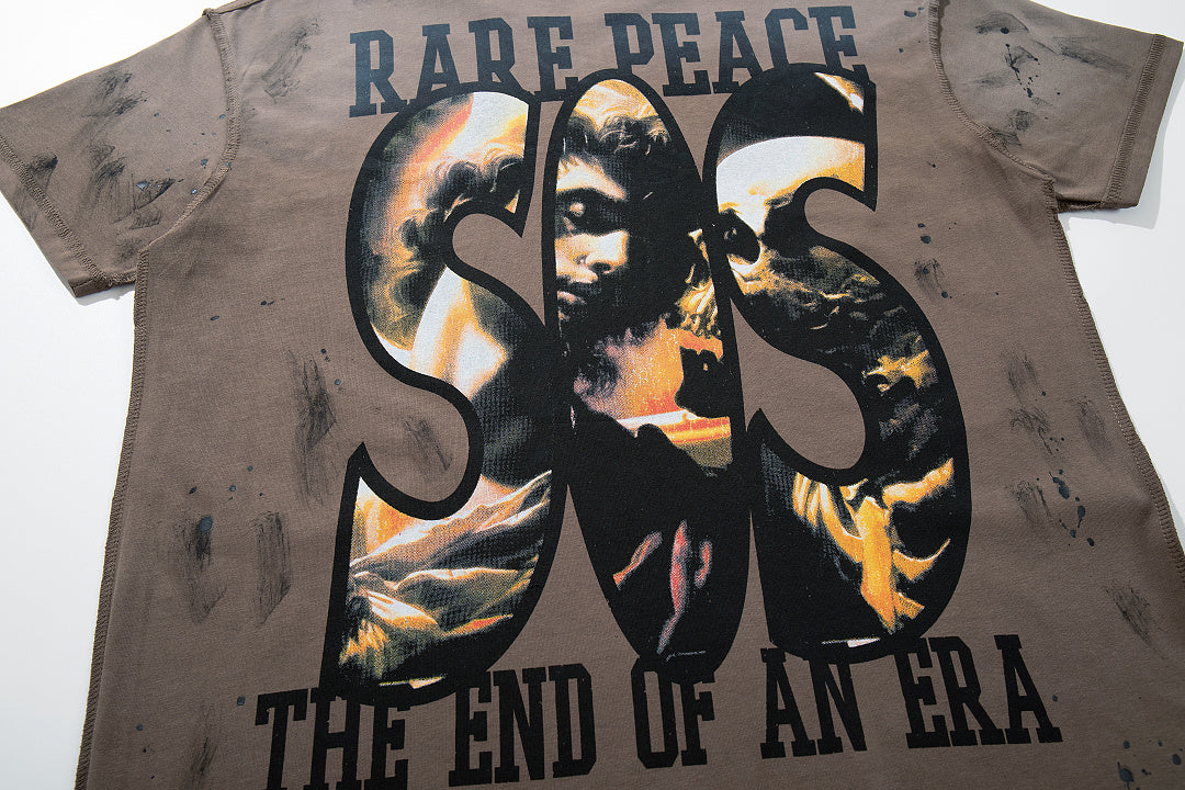 Rare Peace The End Of An Era Brown‑Washed Double‑Sided Graphic Print Crew‑Neck Streetwear T‑Shirt