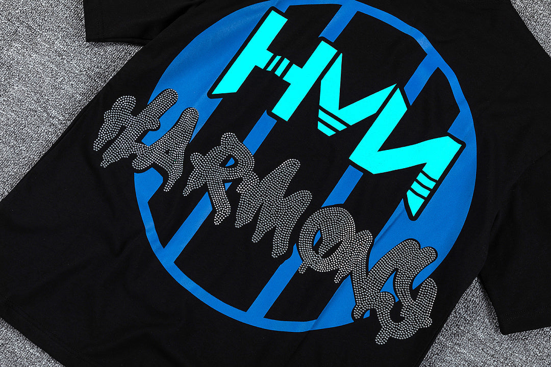 HVM Harmony Blue Thunder Figure Black Double‑Sided Graphic Print Crew Neck Streetwear T‑Shirt