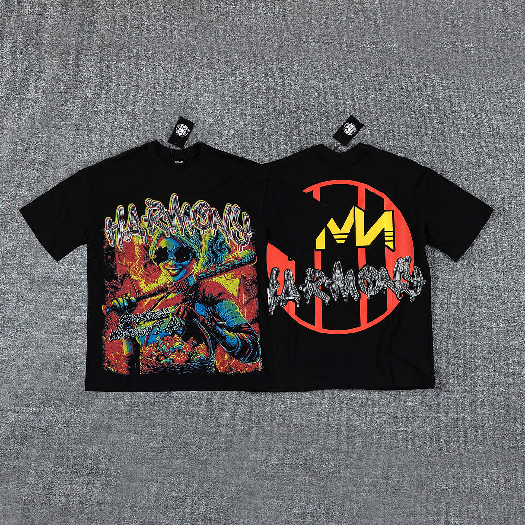 HVM Harmony Multicolor Chaos Figure Black Double‑Sided Graphic Print Crew Neck Streetwear T‑Shirt