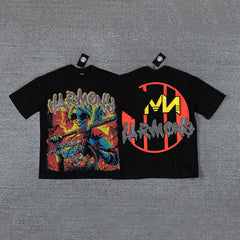 HVM Harmony Multicolor Chaos Figure Black Double‑Sided Graphic Print Crew Neck Streetwear T‑Shirt