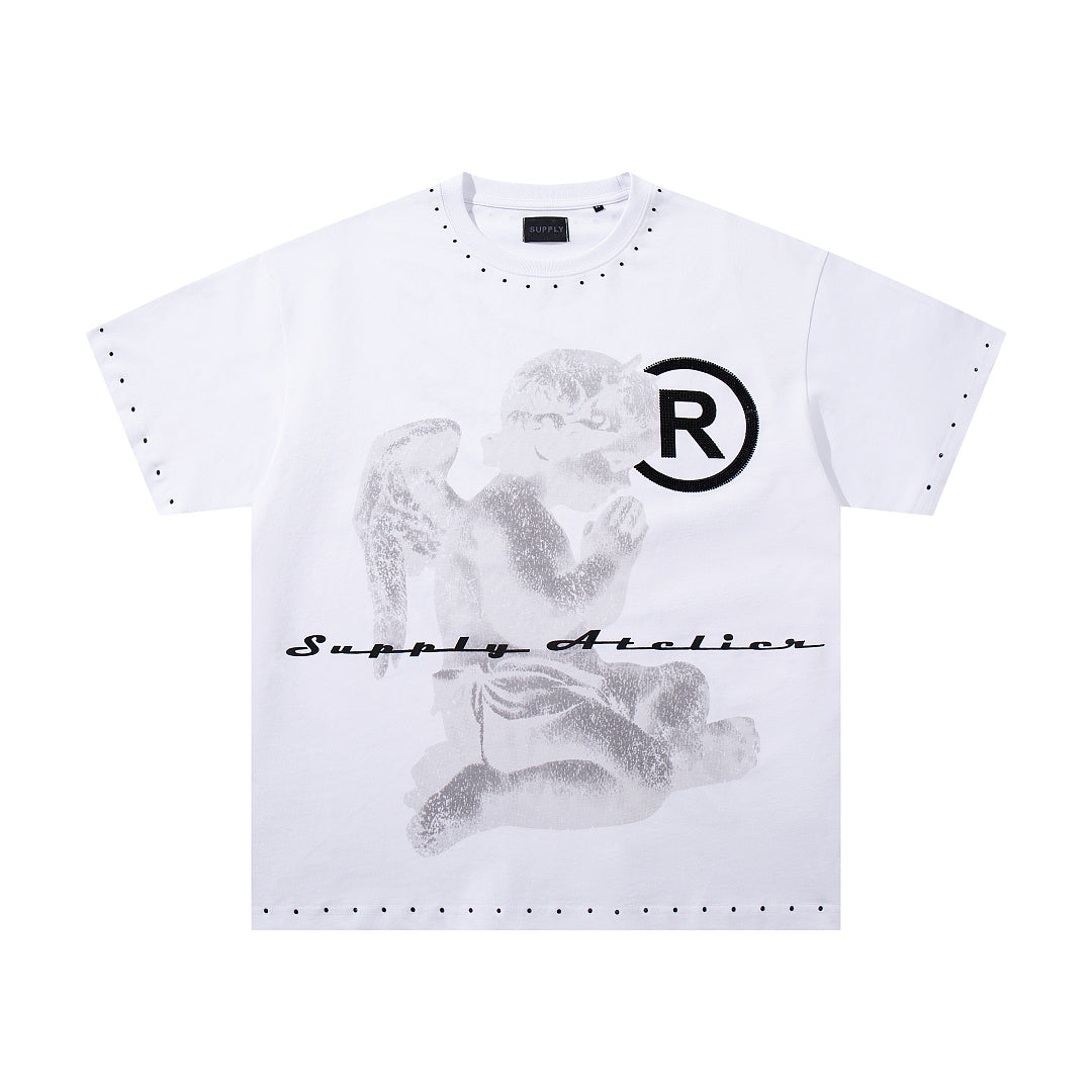 Vintage Kneeling Angel White Double‑Sided Graphic Print Crew‑Neck Streetwear T‑Shirt