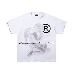 Vintage Kneeling Angel White Stitched Edge Double‑Sided Graphic Print Crew‑Neck Streetwear T‑Shirt