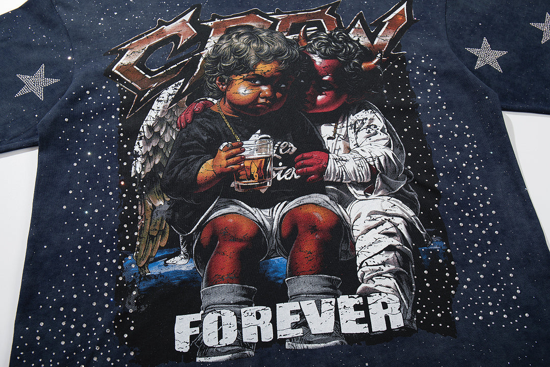 Forever Star‑Accented Dark Blue Hip‑Hop Portrait Double‑Sided Graphic Print Crew Neck Streetwear T‑Shirt