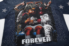 Forever Star‑Accented Dark Blue Hip‑Hop Portrait Double‑Sided Graphic Print Crew Neck Streetwear T‑Shirt