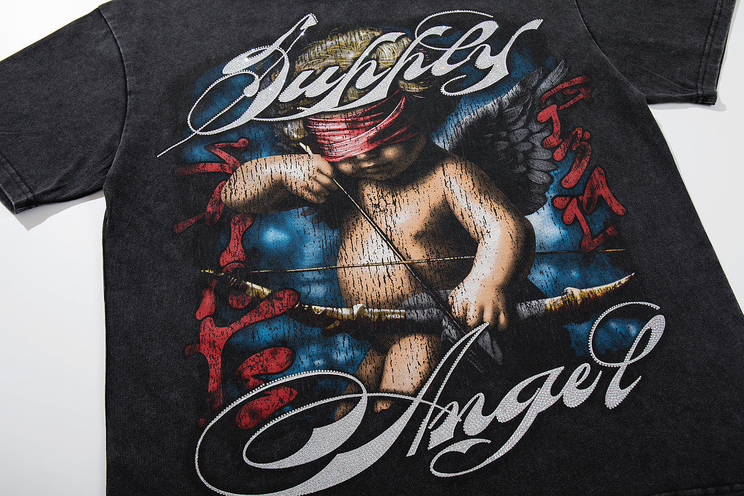 Vintage Tempted Angel Black Double‑Sided Graphic Print Crew‑Neck Streetwear T‑Shirt