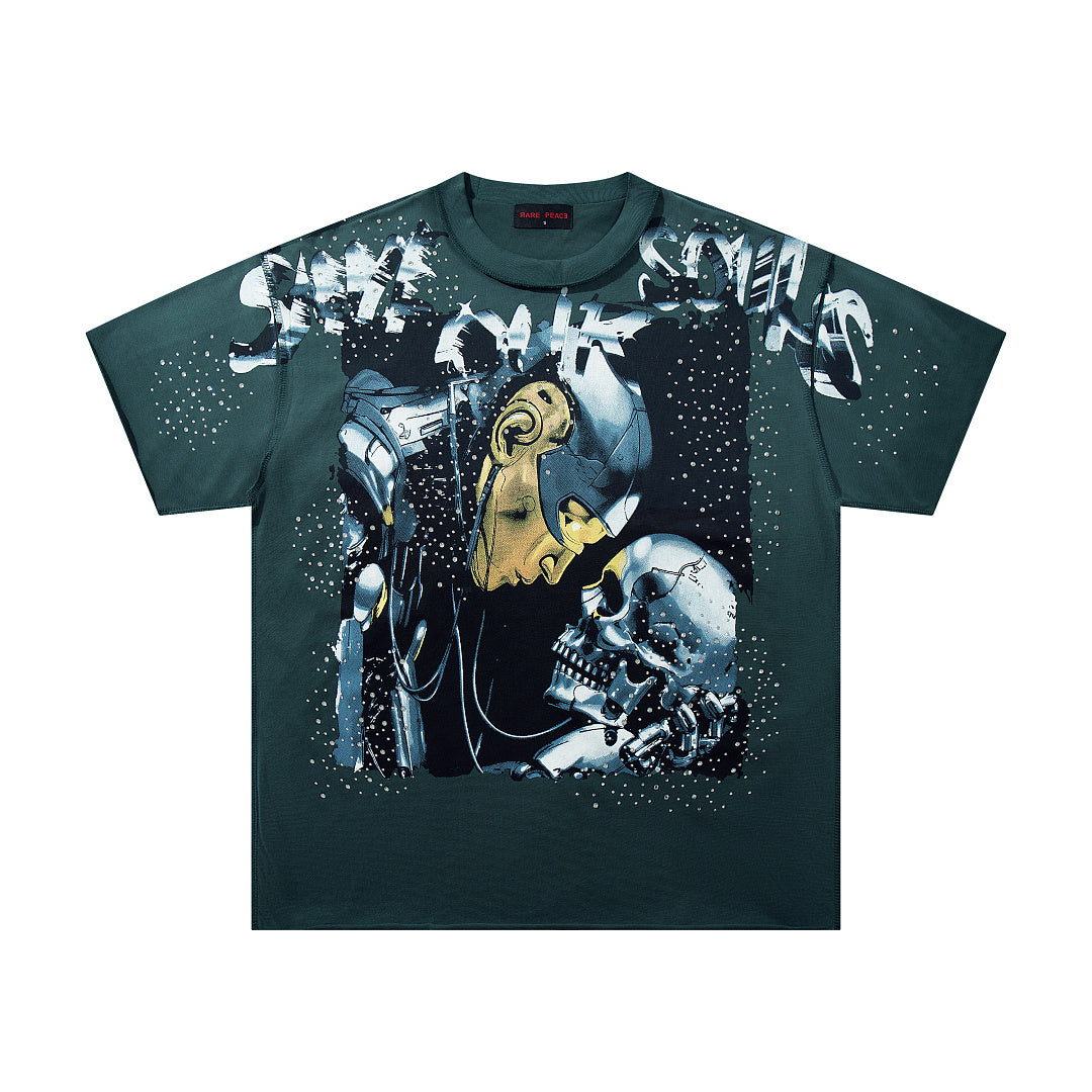 SOS Skull Universe Dark‑Green Washed Double‑Sided Graphic Print Crew‑Neck Streetwear T‑Shirt