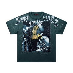 SOS Skull Universe Dark‑Green Washed Double‑Sided Graphic Print Crew‑Neck Streetwear T‑Shirt