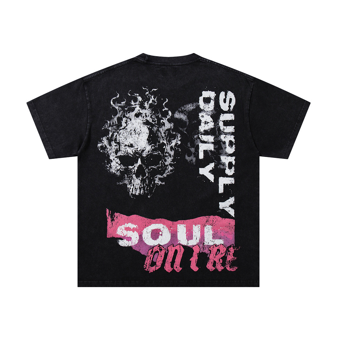 Soul Culture Black‑Washed Double‑Sided Graphic Print Crew‑Neck Streetwear T‑Shirt
