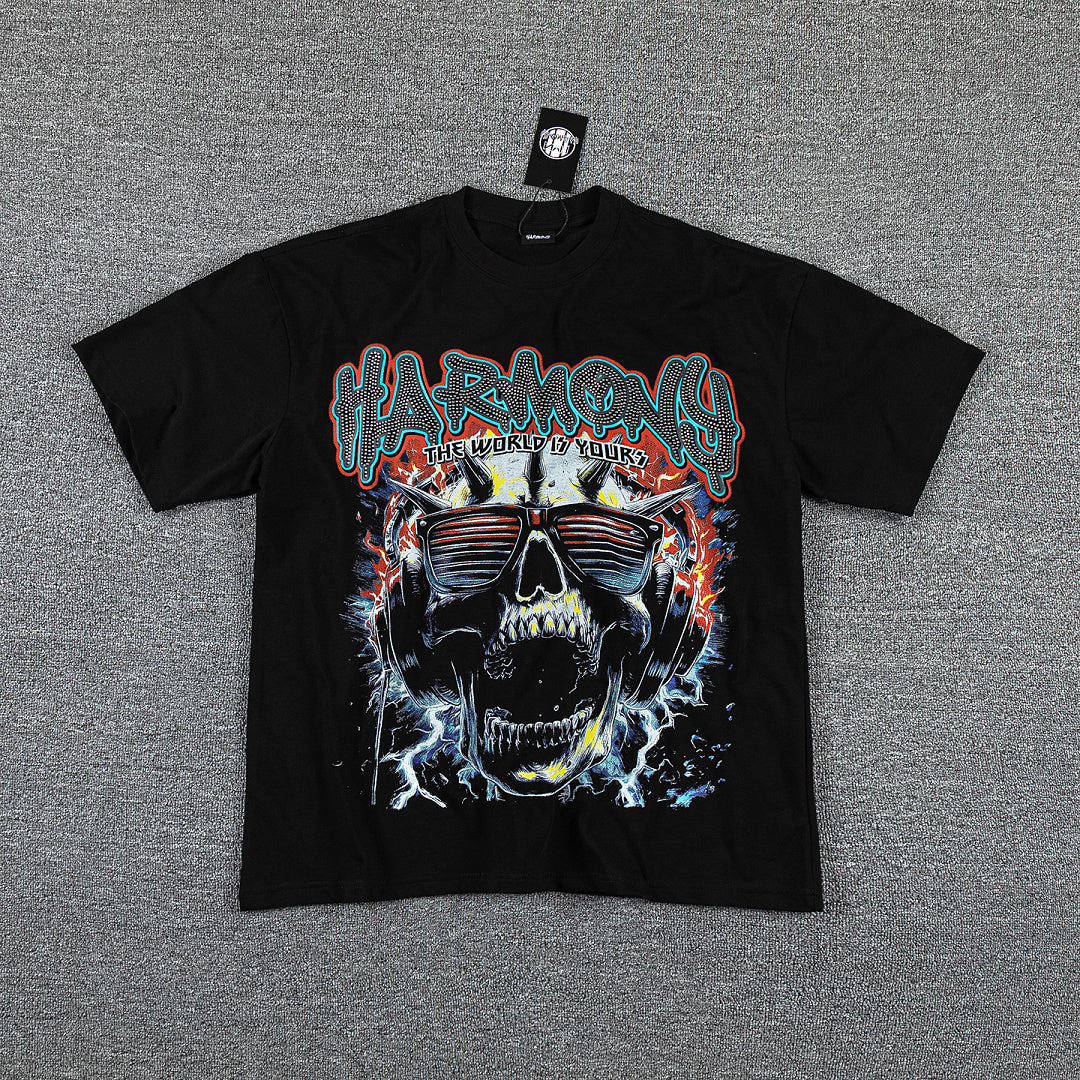 HVM Harmony Skull Monster Black Double‑Sided Graphic Print Crew Neck Streetwear T‑Shirt
