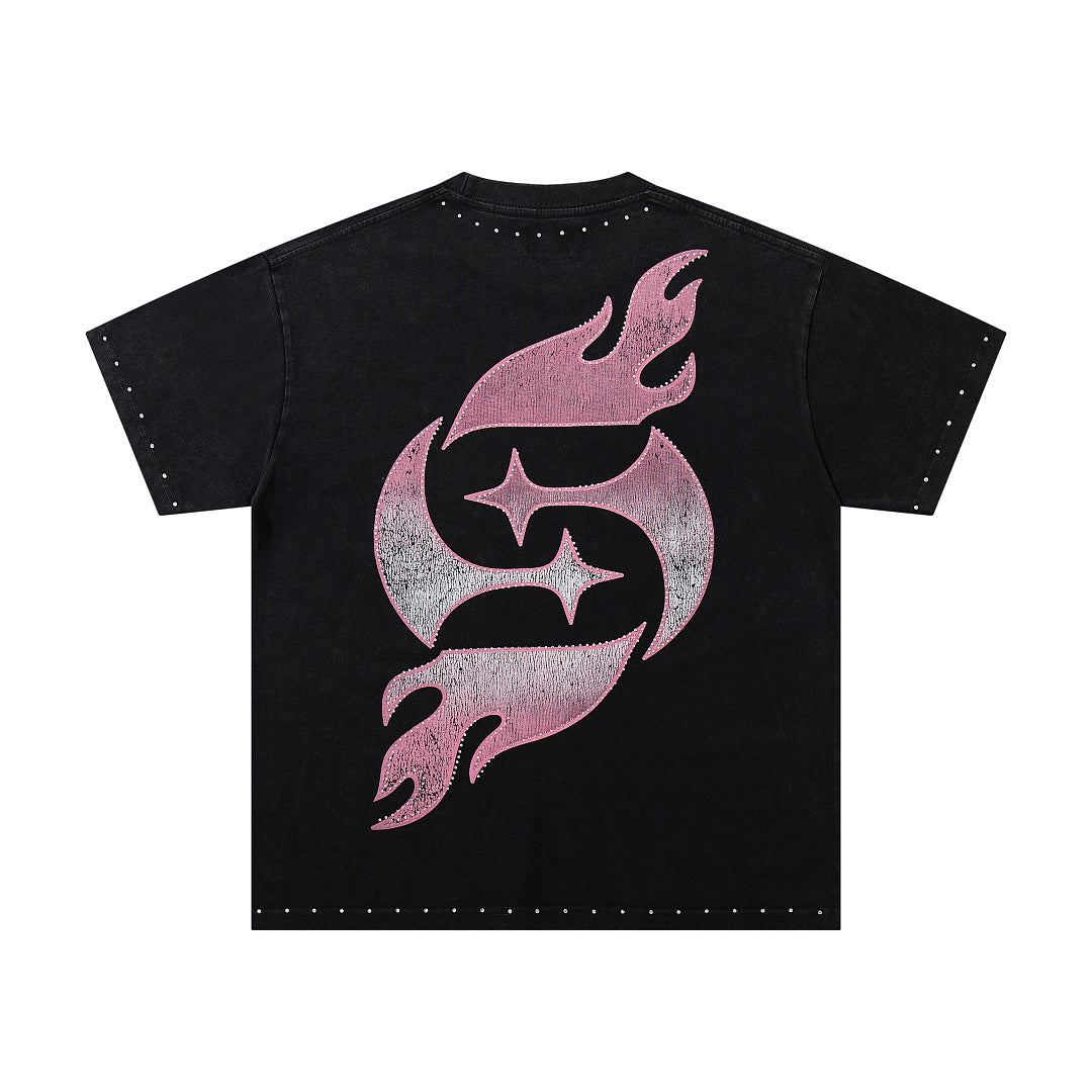 Rebel Skull Black Vintage‑Washed Double‑Sided Graphic Print Crew‑Neck Streetwear T‑Shirt