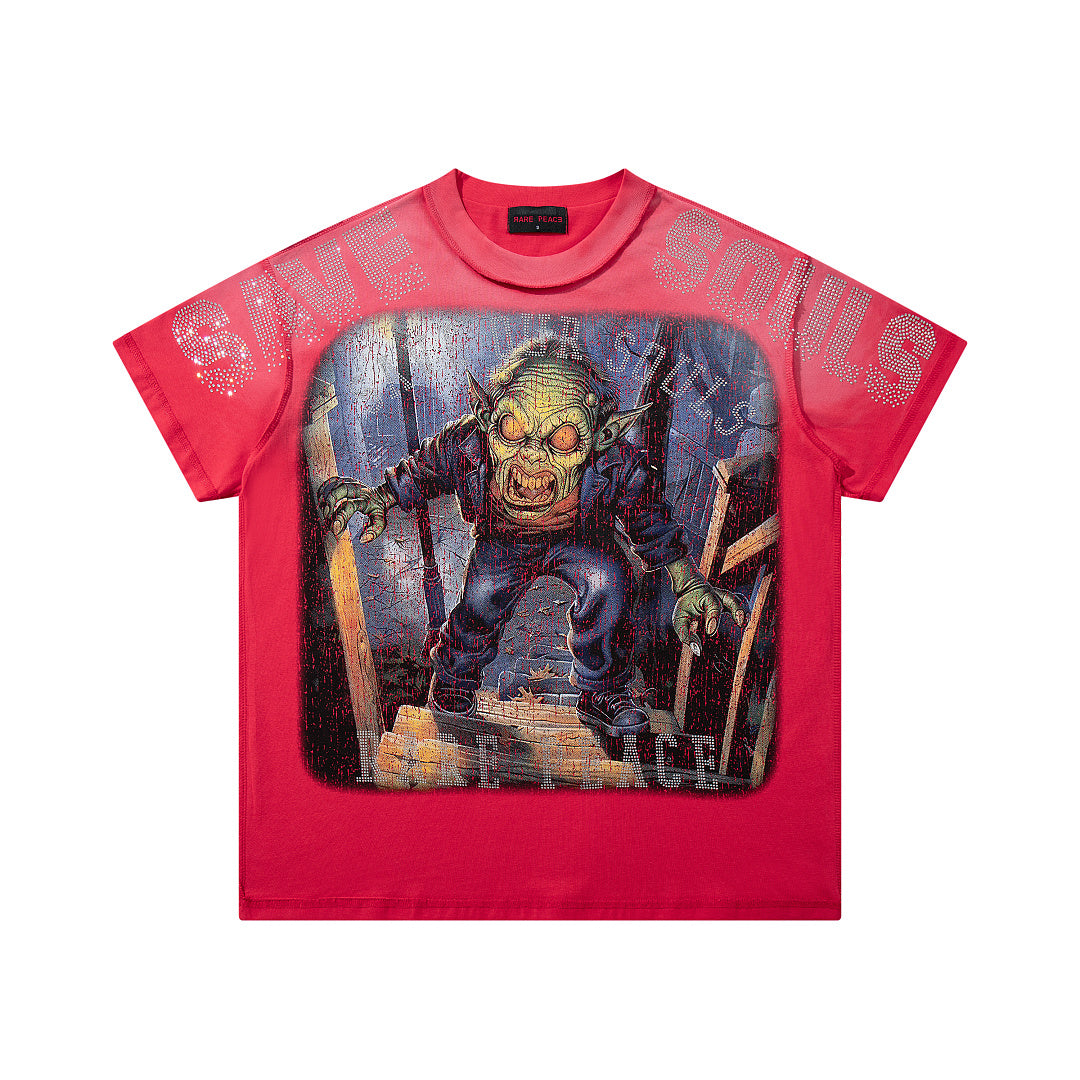 Rare Peace SOS The End Of An Era Red‑Washed Double‑Sided Graphic Print Crew‑Neck Streetwear T‑Shirt
