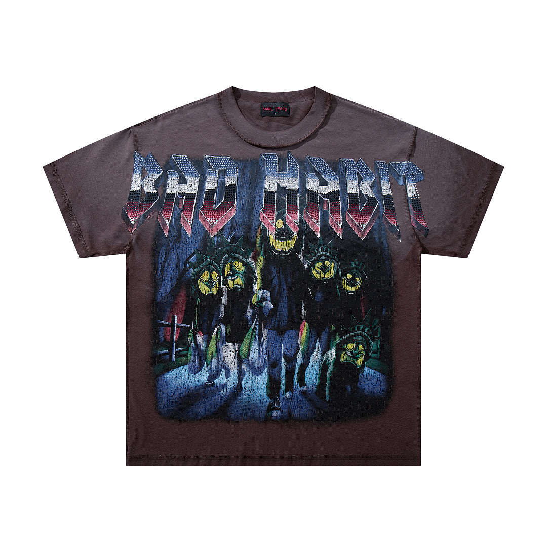 Bad Moon Americana Brown‑Washed Double‑Sided Graphic Print Crew‑Neck Streetwear T‑Shirt