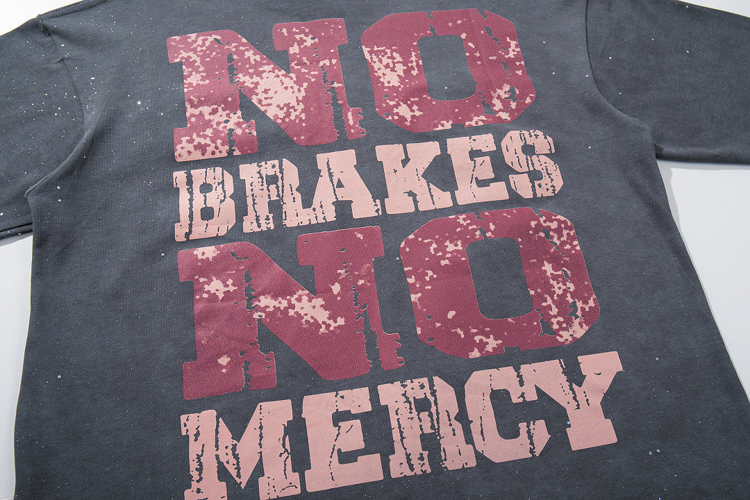 Washed Black Eagle No Mercy Double‑Sided Graphic Print Crew Neck Streetwear T‑Shirt