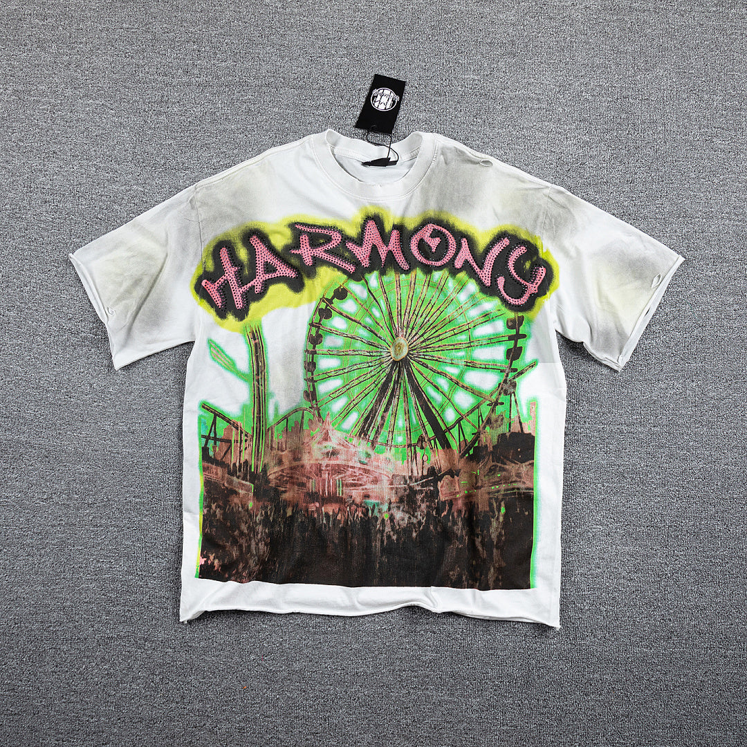 HVM Harmony Ferris Wheel Tie‑Dye White Double‑Sided Graphic Print Crew Neck Streetwear T‑Shirt