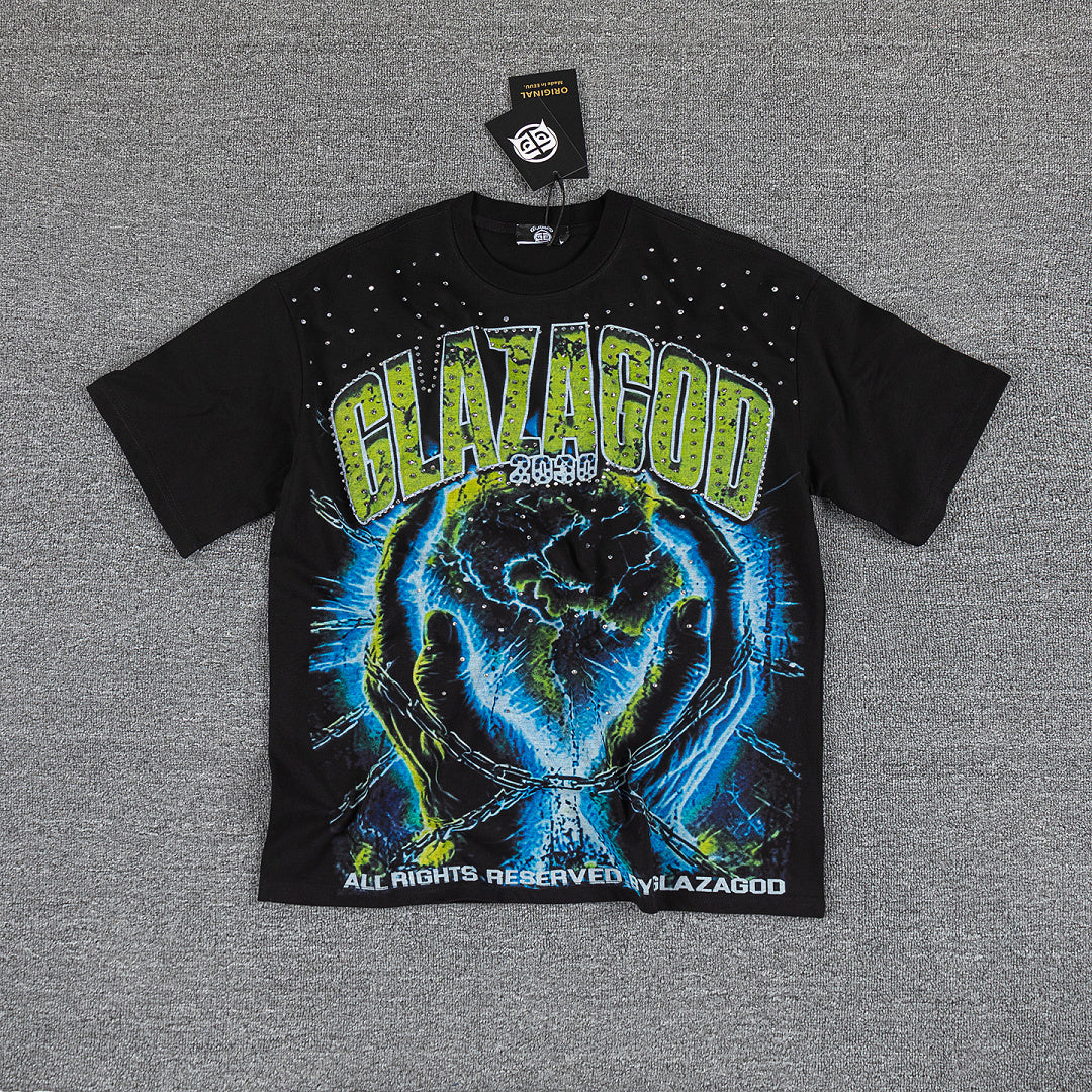 Glazagod Blue Fire Earth Double‑Sided Graphic Print Crew Neck Streetwear T‑Shirt
