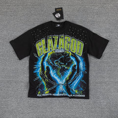 Glazagod Blue Fire Earth Double‑Sided Graphic Print Crew Neck Streetwear T‑Shirt