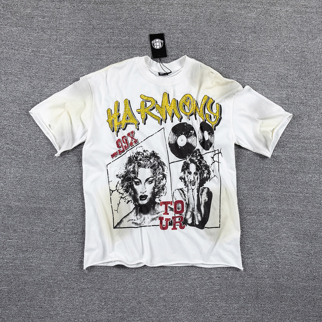 HVM Harmony Vintage Tour Portrait Tie‑Dye White Double‑Sided Graphic Print Crew Neck Streetwear T‑Shirt