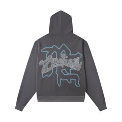 Retro Angel Art Print Full‑Zip Hoodie Washed Gray Loose Hip‑Hop Street Hooded Top