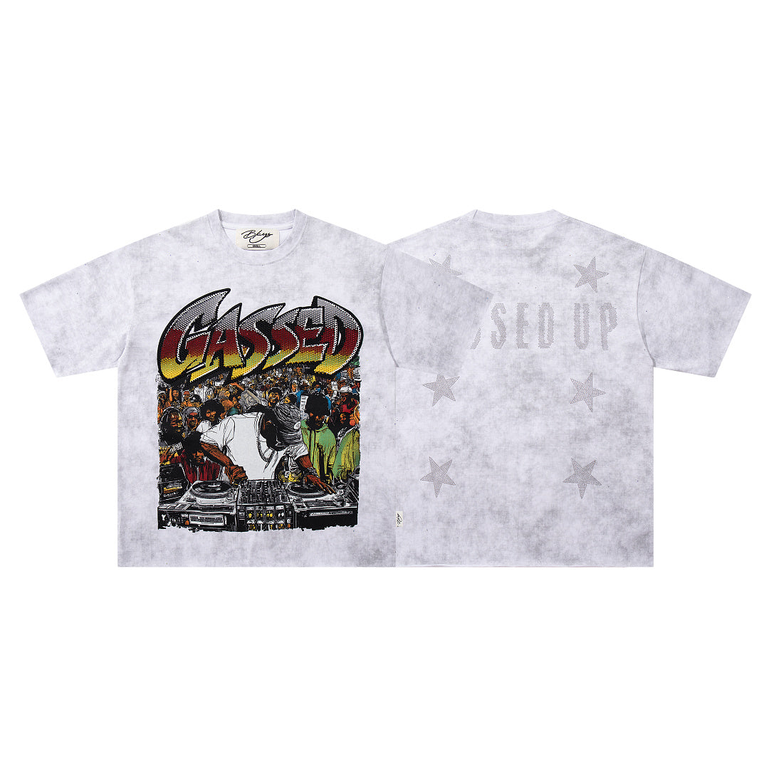Gossed‑Up Star Scene Off‑White Washed Double‑Sided Graphic Print Crew‑Neck Streetwear T‑Shirt