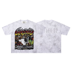 Gossed‑Up Star Scene Off‑White Washed Double‑Sided Graphic Print Crew‑Neck Streetwear T‑Shirt