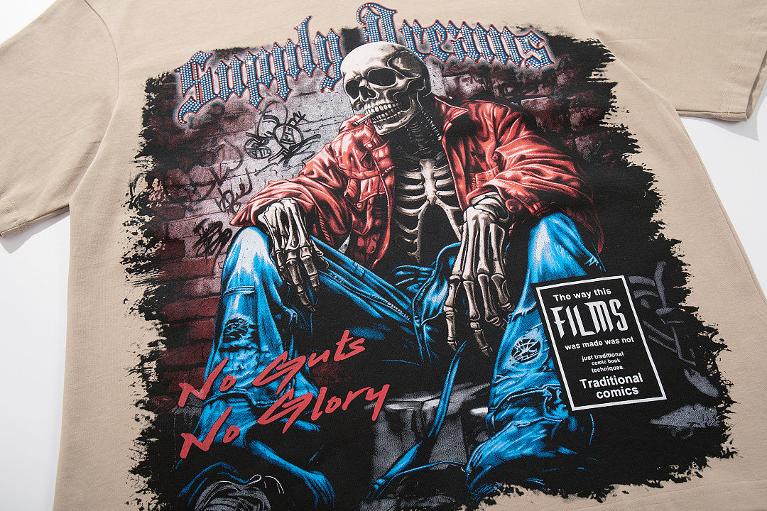 Grim Reaper Skeleton Beige Vintage‑Washed Double‑Sided Graphic Print Crew‑Neck Streetwear T‑Shirt