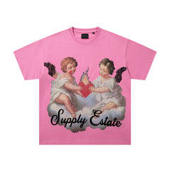 Vintage Angel Cherub Pink Vintage‑Washed Double‑Sided Graphic Print Crew‑Neck Streetwear T‑Shirt