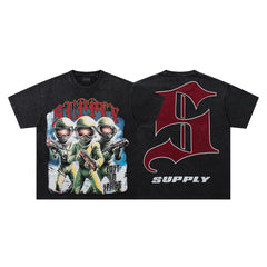 Soldier Troop Black Vintage‑Washed Double‑Sided Graphic Print Crew‑Neck Streetwear T‑Shirt