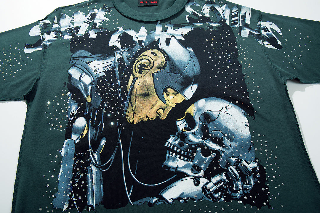SOS Skull Universe Dark‑Green Washed Double‑Sided Graphic Print Crew‑Neck Streetwear T‑Shirt
