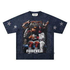 Forever Star‑Accented Dark Blue Hip‑Hop Portrait Double‑Sided Graphic Print Crew Neck Streetwear T‑Shirt