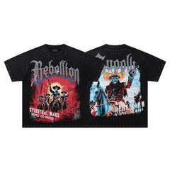 Rebellion Double‑Sided Graphic Print Black‑Washed Crew‑Neck Streetwear T‑Shirt