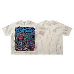 No Peace Graffiti Robot Off‑White Washed Double‑Sided Graphic Print Crew Neck Streetwear T‑Shirt