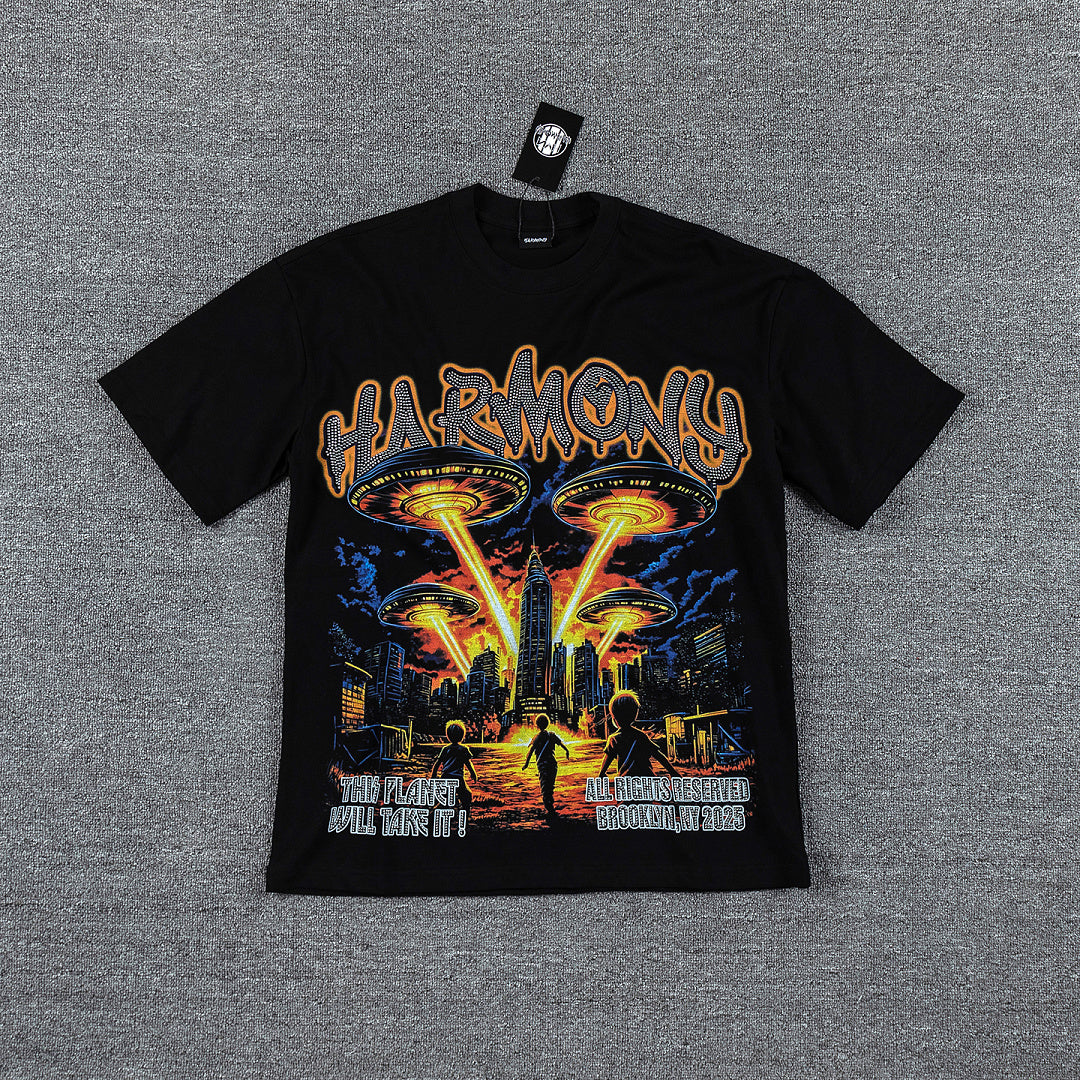 HVM Harmony Golden Flame Figure Black Double‑Sided Graphic Print Crew Neck Streetwear T‑Shirt