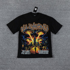 HVM Harmony Golden Flame Figure Black Double‑Sided Graphic Print Crew Neck Streetwear T‑Shirt