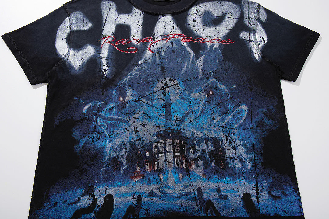 Chaos Mountain Black‑Washed Double‑Sided Graphic Print Crew‑Neck Streetwear T‑Shirt