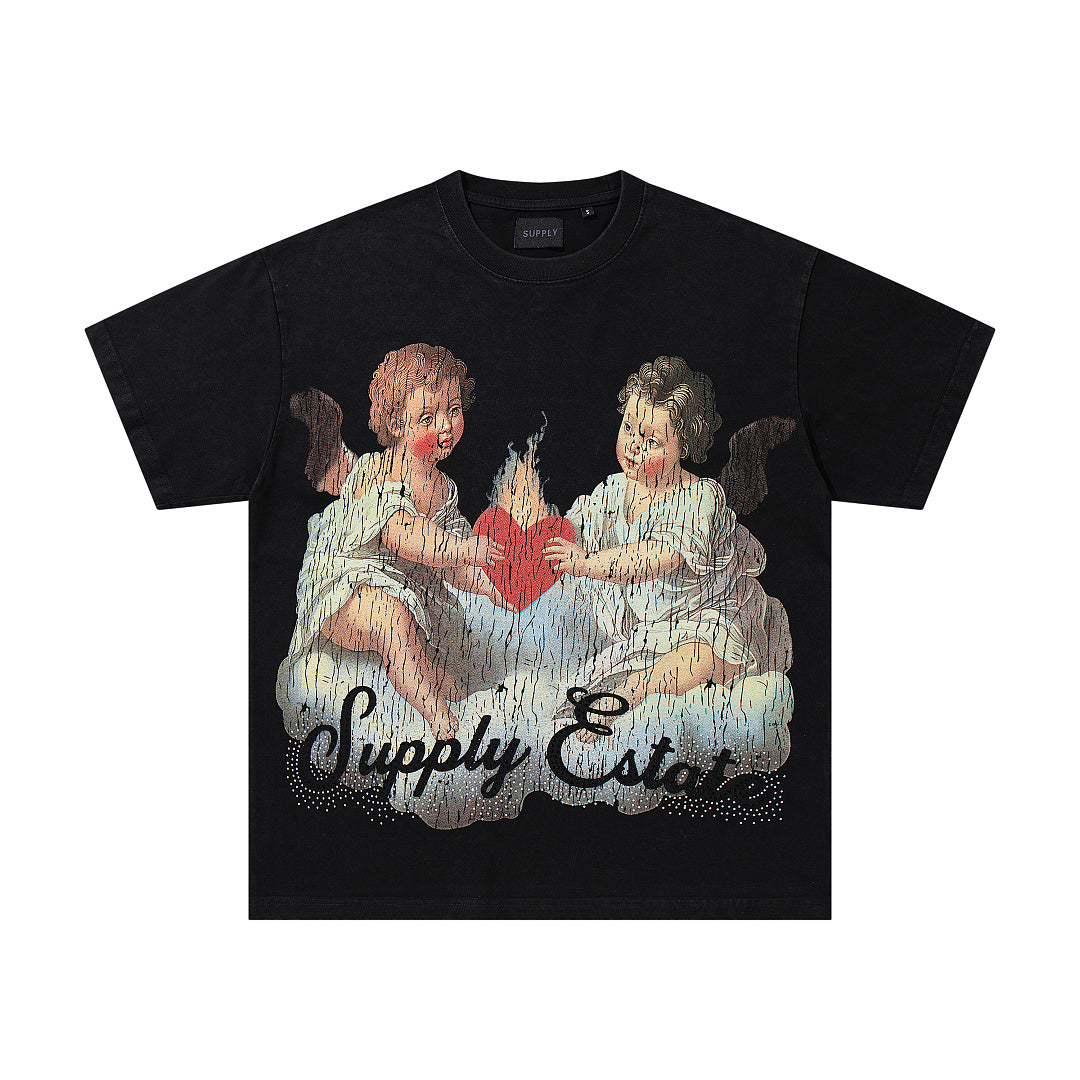 Vintage Angel Cherub Black Vintage‑Washed Double‑Sided Graphic Print Crew‑Neck Streetwear T‑Shirt