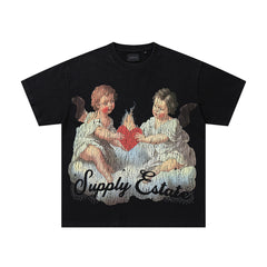 Vintage Angel Cherub Black Vintage‑Washed Double‑Sided Graphic Print Crew‑Neck Streetwear T‑Shirt
