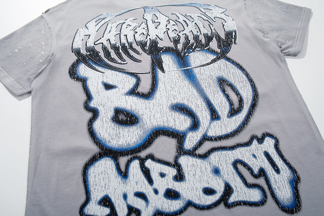 Rare Peace Bad‑Rabbit Grey‑Washed Double‑Sided Graphic Print Crew‑Neck Streetwear T‑Shirt