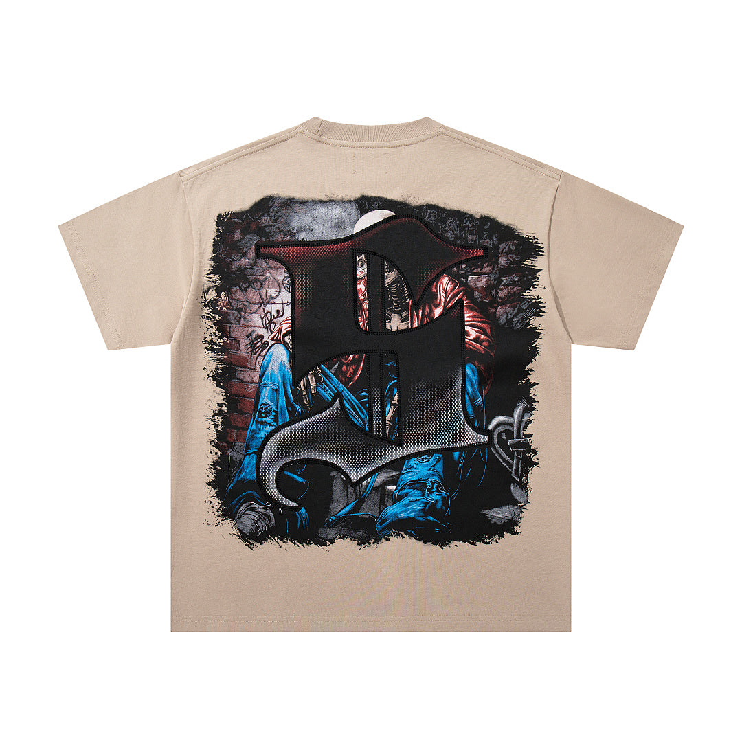 Grim Reaper Skeleton Beige Vintage‑Washed Double‑Sided Graphic Print Crew‑Neck Streetwear T‑Shirt