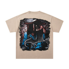 Grim Reaper Skeleton Beige Vintage‑Washed Double‑Sided Graphic Print Crew‑Neck Streetwear T‑Shirt