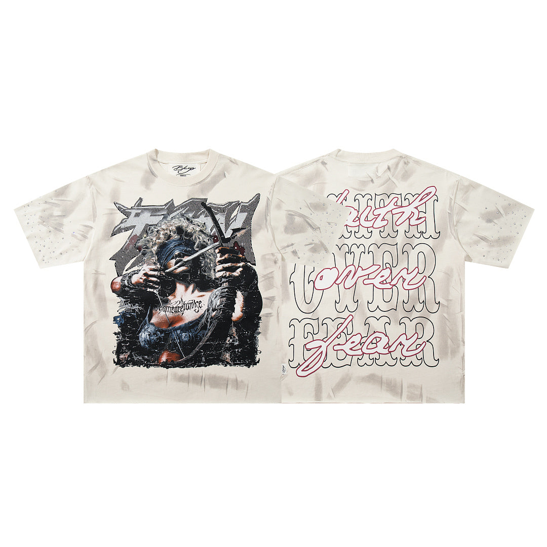 Dark Demon Champion Off‑White Washed Double‑Sided Graphic Print Crew Neck Streetwear T‑Shirt