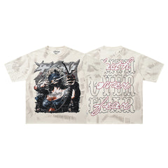 Dark Demon Champion Off‑White Washed Double‑Sided Graphic Print Crew Neck Streetwear T‑Shirt