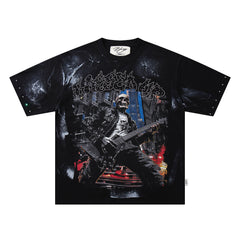 Rock The World Skull Warrior Double‑Sided Graphic Print Crew Neck Streetwear T‑Shirt